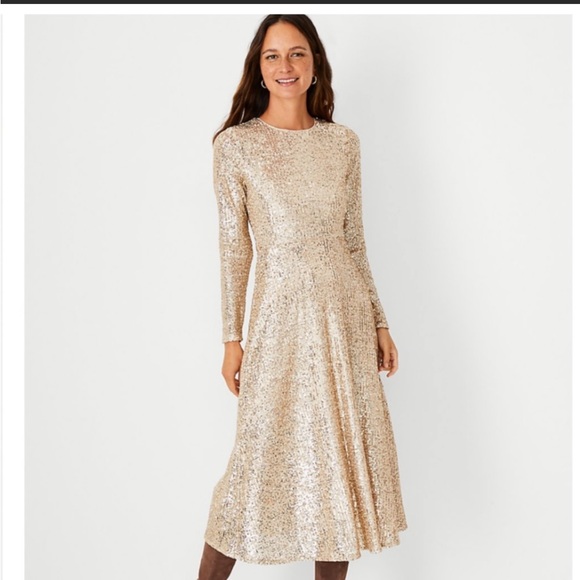 Ann Taylor Dresses & Skirts - Ann Taylor Gold Sequin Long-Sleeve Midi Dress